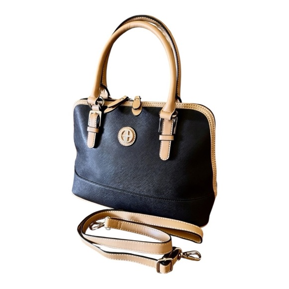 Giani Bernini Satchel Dome Black Tan Trim Handbag - Picture 1 of 13
